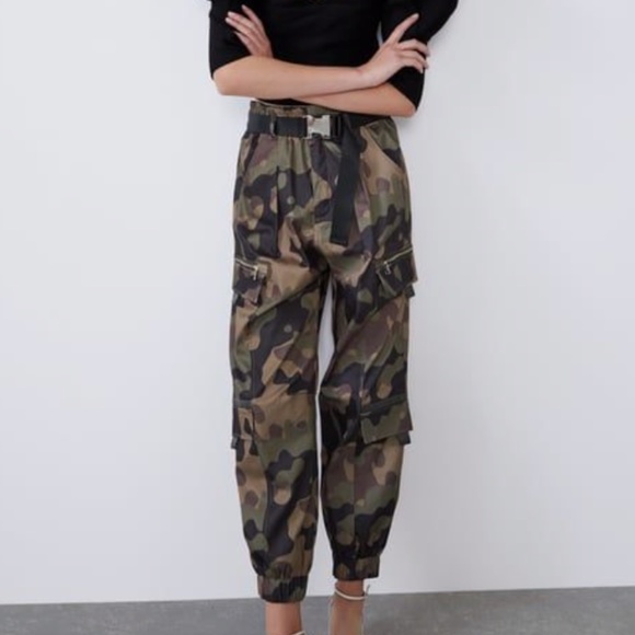 New Zara Belted Camouflage Cargo Nylon Joggers Pants - Picture 8 of 14